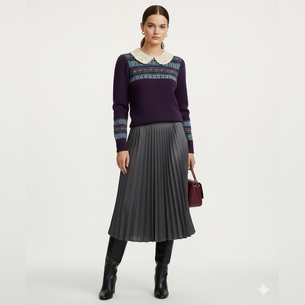 Ralph Lauren Purple Fair Isle Sweater with Cream Lace Collar